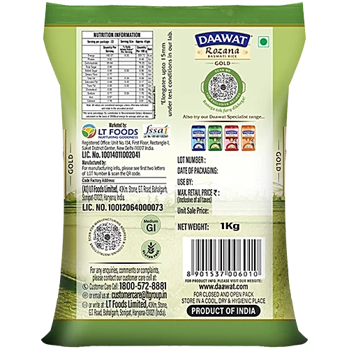 Daawat Basmati Rice Gold – 1KG | Premium Aged Long-Grain Rice for Daily Cooking & Special Dishes
