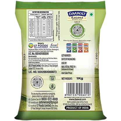 Daawat Basmati Rice Gold – 1KG | Premium Aged Long-Grain Rice for Daily Cooking & Special Dishes